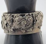 Victorian Revival Wide Hinged Bangle Bracelet Silver Tone Acanthus & Grape Leaf