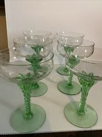 Vintage Uranium Glass Champagne Coupé Green Twisted Stem X 6 