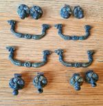 4 Antique Victorian Solid Brass Swan Neck Drawer Handles Pulls & Rosettes c1900