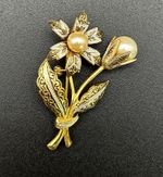 Vintage Damascene Flower Brooch | Made in Spain Damasquinado Pin 2.5" Artisan
