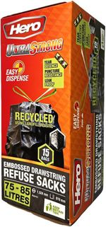 Hero 85L Strong Bin Bags Tie Handle Drawstring Refuse Sacks Black Roll of 15
