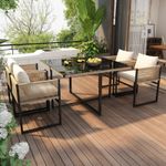 4 Seater Dining Set, Garden Table & Stackable Chairs w/ Glass Top & Cushions