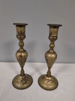 Brass Engraved Candlestick Pair - Antique Style Floral Motif, Set of 2