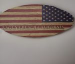 WOODEN AMERICAN FLAG SURF BOARD SIZE 20” LAGUNA BEACH, CALIFORNIA MADE IN THE US