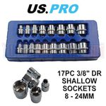 US PRO Tools 17pc 3/8 dr Shallow Sockets Set, Socket 6 Point 8-24mm 1376