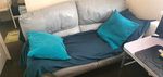 Grey Leather 2 Seater Sofa with Teal Cushions & Dark Blue Throw 120cm