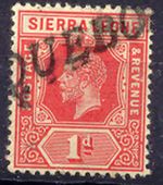 SIERRA LEONE 1912, George V 1 d carmine with rare cancellation "(PA)QUEBO(T)"