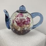Blown Glass Teapot Paperweight Dynasty Gallery Purple Pink Gold Floral Bubbles