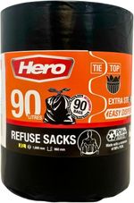 90 x Hero Heavy Duty Bin Bags 90l Strong Refuse Sacks Tie Top Black Extra Large