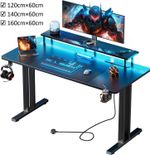 Gaming Desk with LED Lights & Power Outlet, Computer Desk with Monitor Stand