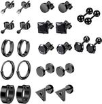 Stainless Steel Black Stud Earrings Set for Men (12 Pairs)