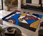 Abstract Geometric Chenille Rug — Bold Blue & Gold Washable Accent Mat