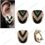 CLIP ON crystal&enamel GOLD FASHION huggie EARRINGS vintage art deco style