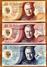 St. Helena, 20,10,5 Pounds Set of 3 Polymer P-16,15,14 Banknotes. KCIII, PP800PC