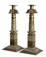 Pair Antique Brass Square Column Candleholders