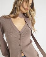 River Island Womens Cardigan Brown Knitted Tie Neck Button Fastening Jumper Top