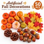 50 PCS Artificial Fall Decorations Pumpkins Gourds Maple Leaves Acorns Cones