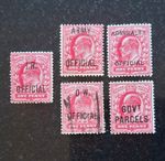 GB KE VII 1d Red Official Overprints (5) IR, Army, Admiralty, O.W. govt parcels 