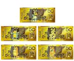 Set Of 5 Bluey  Gold Plated $50  Fantasy BankNotes