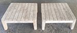 A pair of used TRIBU Teak Mood Garden Ottomans, weathered