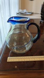 Mexican Hand Blown Recycled Glass Jug Pitcher Cobalt Blue Rim Handle