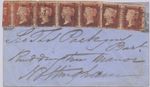 GB 1857 QV 1 d rose-red perf.14 (7 x, strip of five + one pair) w POSTMARK-ERROR