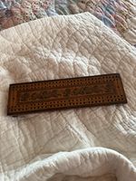 Rare Early Tunbridgeware  Cribbage Board Brass Feet And Original Pieces. 10”