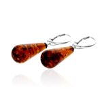 925 Sterling Silver & Genuine Pressed Baltic Amber Teardrop Drop Earrings - 