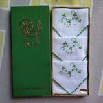 Vintage Boxed Irish Linen Embroidered Handkerchiefs Set of 3 White Green Unused