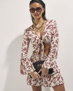 River Island Womens Top & Skirt Set Cream Coral Print Tie 2 Piece Long Sleeve