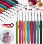 9Pcs Crochet Hooks Set Soft Grip Handles Knitting Aluminium Needles Multi Color