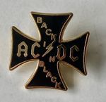 AC/DC BACK IN BLACK  VINTAGE CROSS SHAPED ENAMEL PIN BADGE FROM THE 1980's