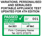 Personalised & SERIALISED PAT PASSED Stickers GREEN PLUG TOP with consecutive ID