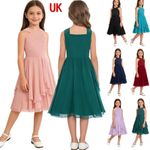 UK Chiffon Flower Girl Dress Sparkly Sleeveless Ruffled Bridesmaid Wedding Party