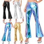 UK Women Shiny Metallic Disco Dance Pants Bell Bottom Flared Trousers Party Club