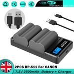 2× 2.5AH BP-511 BP-511A Battery For Canon EOS 10D 30D 40D 300D 50D + LCD Charger