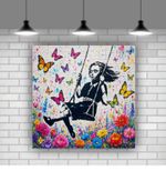 Banksy colourful flowers butterfly girl printed canvas modern art ready to hang