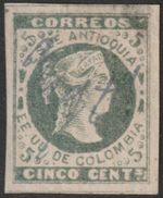 STAMPS-ANTIOQUIA. 1882. 5c Green on Laid Paper. SG: 34. 4 Huge Margins. Used.