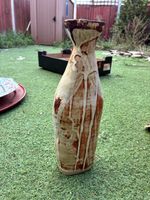 Tall Pottery Bottle Vase Cream & Rust Red Abstract Glaze 32cm A/F