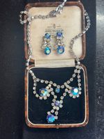 Vintage Mid Century Blue Aurora Borealis AB Rhinestone Necklace & Earrings Set