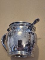Silver Plated Mustard Pot with Spoon and Blue Liner. No damage to the glass. 