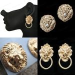 LION EARRINGS stud/hoop GOLD FASHION studs BLING HIP HOP vintage DOOR KNOCKER