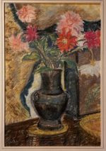Vintage Chrysanthemums Dahlias Vase Original Painting Flowers Floral Blue Frame