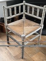 French Bobbin Corner Antique Wooden Chair with Woven Rush Seat