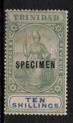TRINIDAD 1896-1906 Mint Hinged 10/- Green & Blue SG #123 S SPECIMEN