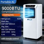 9000 BTU Portable AC, Remote Control, R290,Refrigerant, UK Plug 220–240V