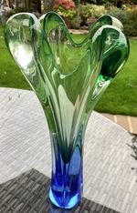  Flygfors Swedish Vintage Two-Tone Green Blue 13” Large Heavy Vase Art C1960's 