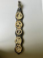SET OF FIVE VINTAGE HORSE BRASSES ON BLACK LEATHER MARTINGALE