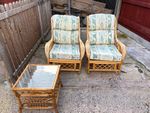 3pc Rattan Table & Chair Set 2 Armchairs + Square Clear Glass Table, Cushions