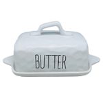 Butter Dish w/Lid White Dimples Ceramic Soft Cheese Label Storage Serving Tray